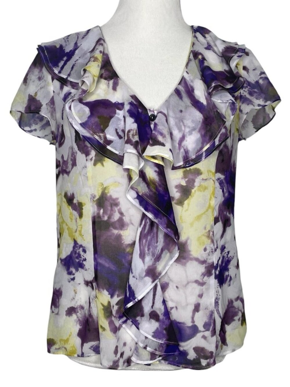 Jones New York Floral Blouse Size 8 Sheer Cap Ruffle Sleeve Button Front Flowy